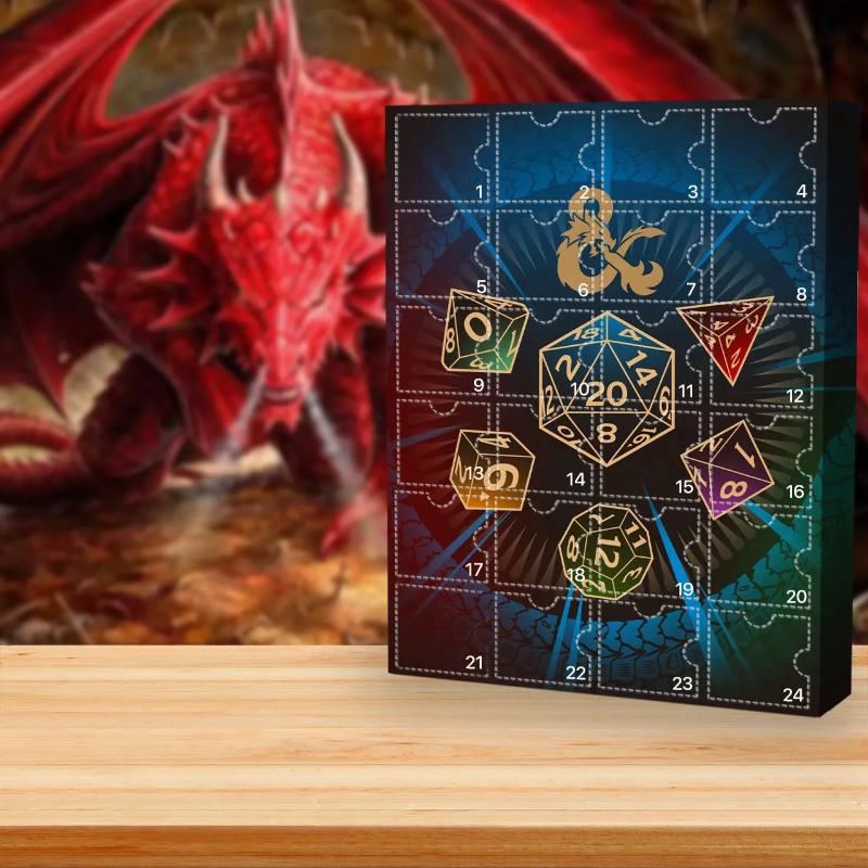 Kalendarz adwentowy RPG fantasy z figurkami i kośćmi do gry