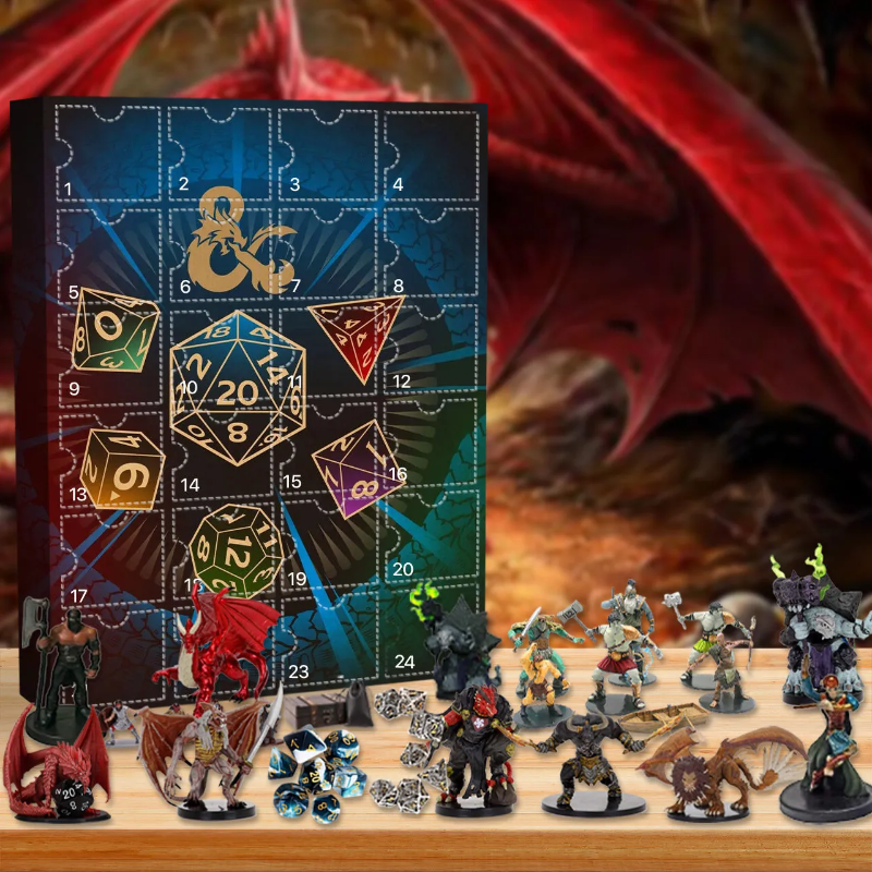 Kalendarz adwentowy RPG fantasy z figurkami i kośćmi do gry