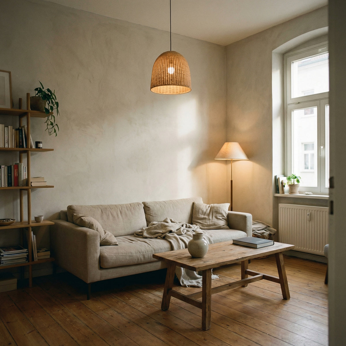 Pleciona lampa wisząca rattanowa w salonie w stylu boho, naturalne oświetlenie sufitowe do wnętrz, dekoracyjna lampa do salonu z abażurem z rattanu