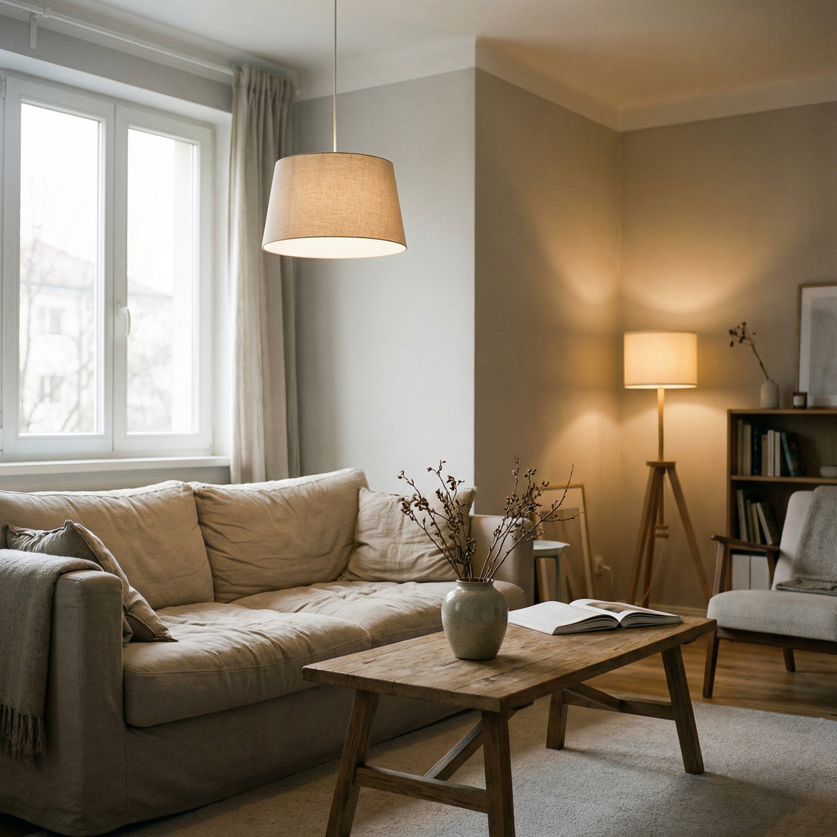Nowoczesna lampa wisząca sufitowa z tkaninowym abażurem oraz drewniana lampa podłogowa na trójnogu w salonie, oświetlenie do salonu w stylu skandynawskim, lampy wewnętrzne do strefy wypoczynkowej