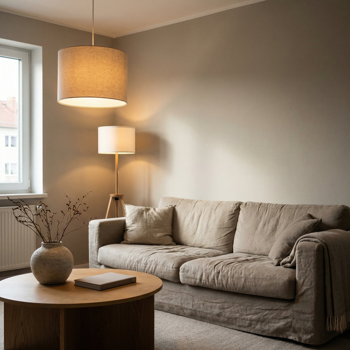 Lampa wisząca z tkaninowym abażurem oraz drewniana lampa podłogowa na trójnogu w salonie, nowoczesne oświetlenie do salonu w stylu skandynawskim, lampy do strefy wypoczynkowej